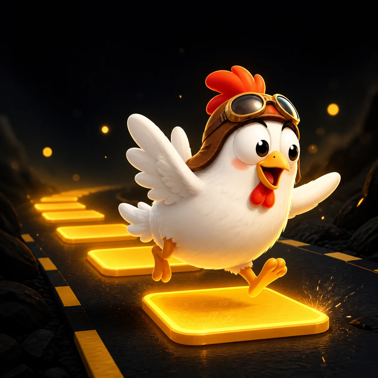 Original cartoon chicken crossing glowing road tiles